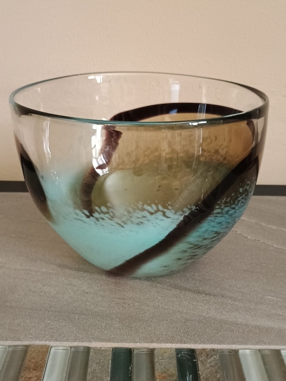 Kosta Boda Art Glass 6" Tall Turquoise & Brown Ombre Fade w/Dark Accent Swirl